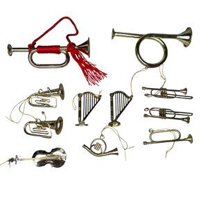 Vintage Set of 10 Metal Gold Toned Musical Instrument Christmas Ornaments